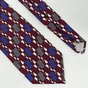DIMARO ELEGANTE POLYESTER TIE BURGUNDY BLUE GRAY GEOMETRIC 3.75" X 55" RETRO USA